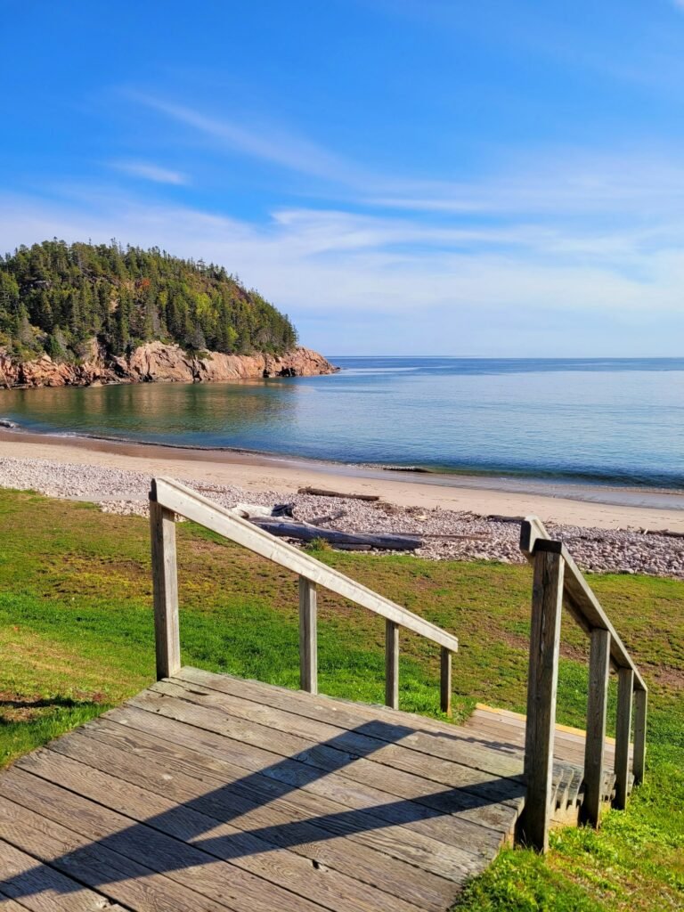 Vertical shot of Black Brook Cove Beach. Cabot Trail in Cape Breton. Nova Scotia, Canada.